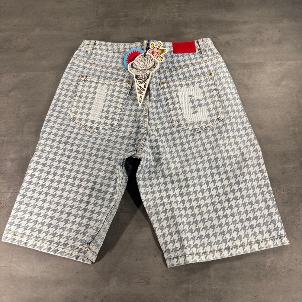 BBC Icecream Denim Shorts Mens 30 Houndstooth Running Dog Light Wash NEW OOS